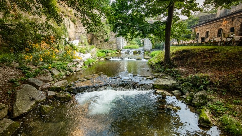 Ein kleiner Fluss flie&szlig;t durch eine gr&uuml;ne Landschaft mit B&auml;umen und einem Geb&auml;ude im Hintergrund.